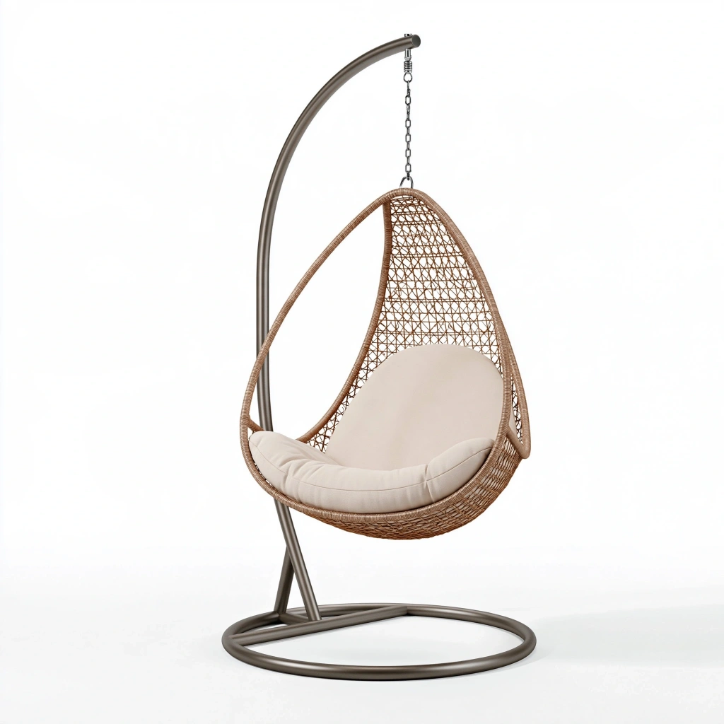 Fotel wiszący 105 x 105 x 195 cm z plecionki brązowy z metalowym stelażem do wypoczynku