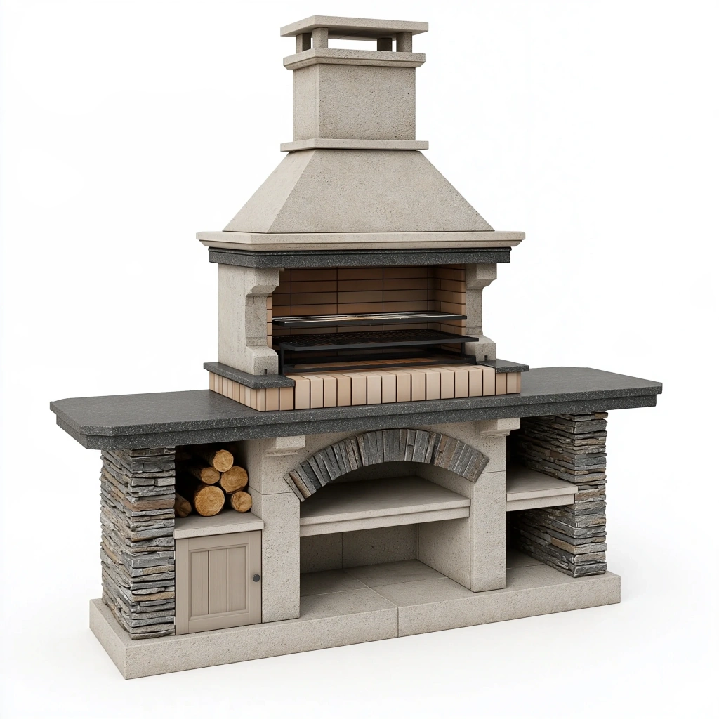 Grill ogrodowy 200 x 70 x 250 cm betonowy szaro-beżowy z kominem i rusztem