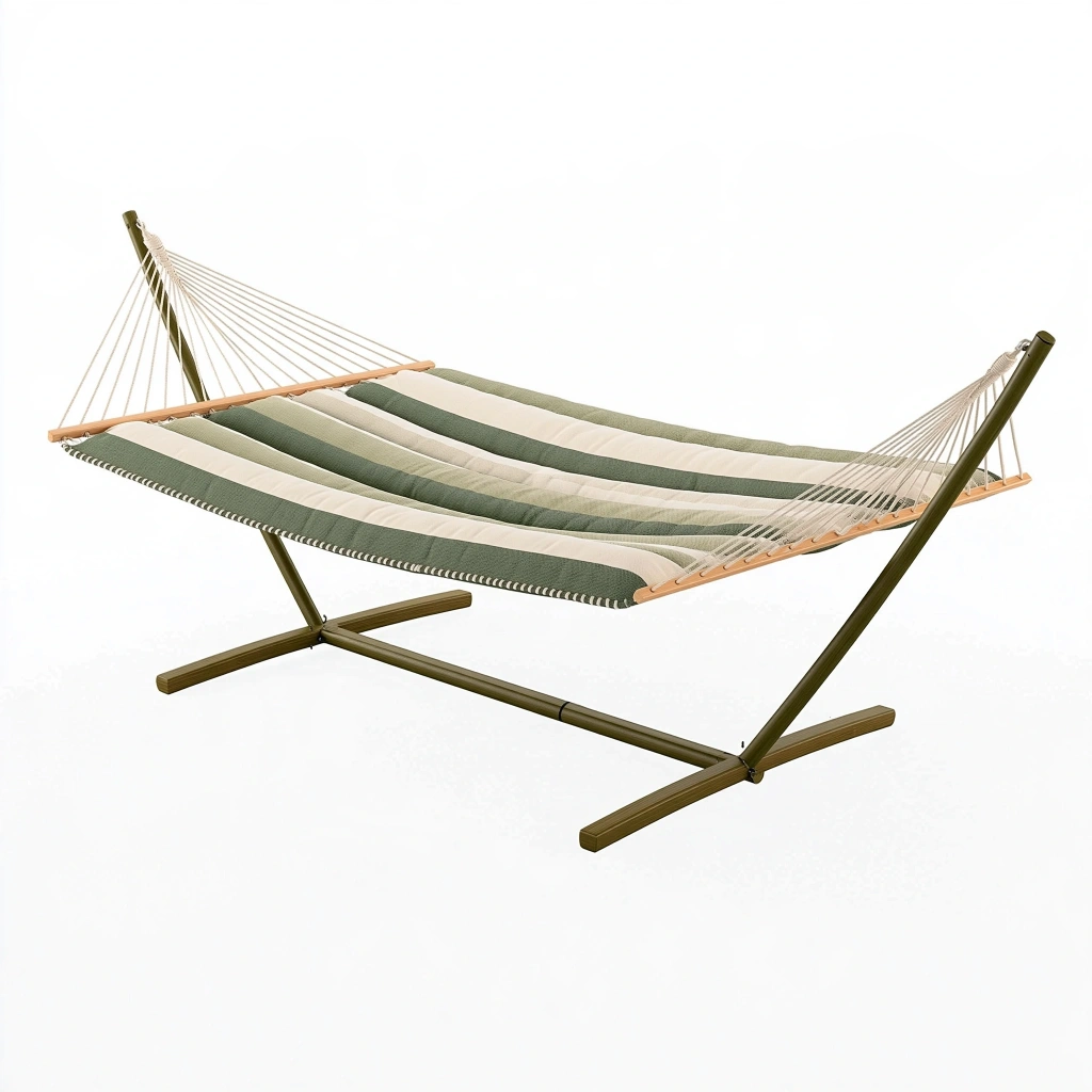 Hamak ze stojakiem 300 x 100 x 110 cm - zielono-kremowa tkanina metalowy stelaż ogrodowy